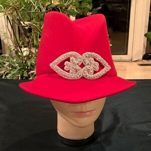 Elegant Red Wool Hat with Silver Rhinestone Beaded Embellishment